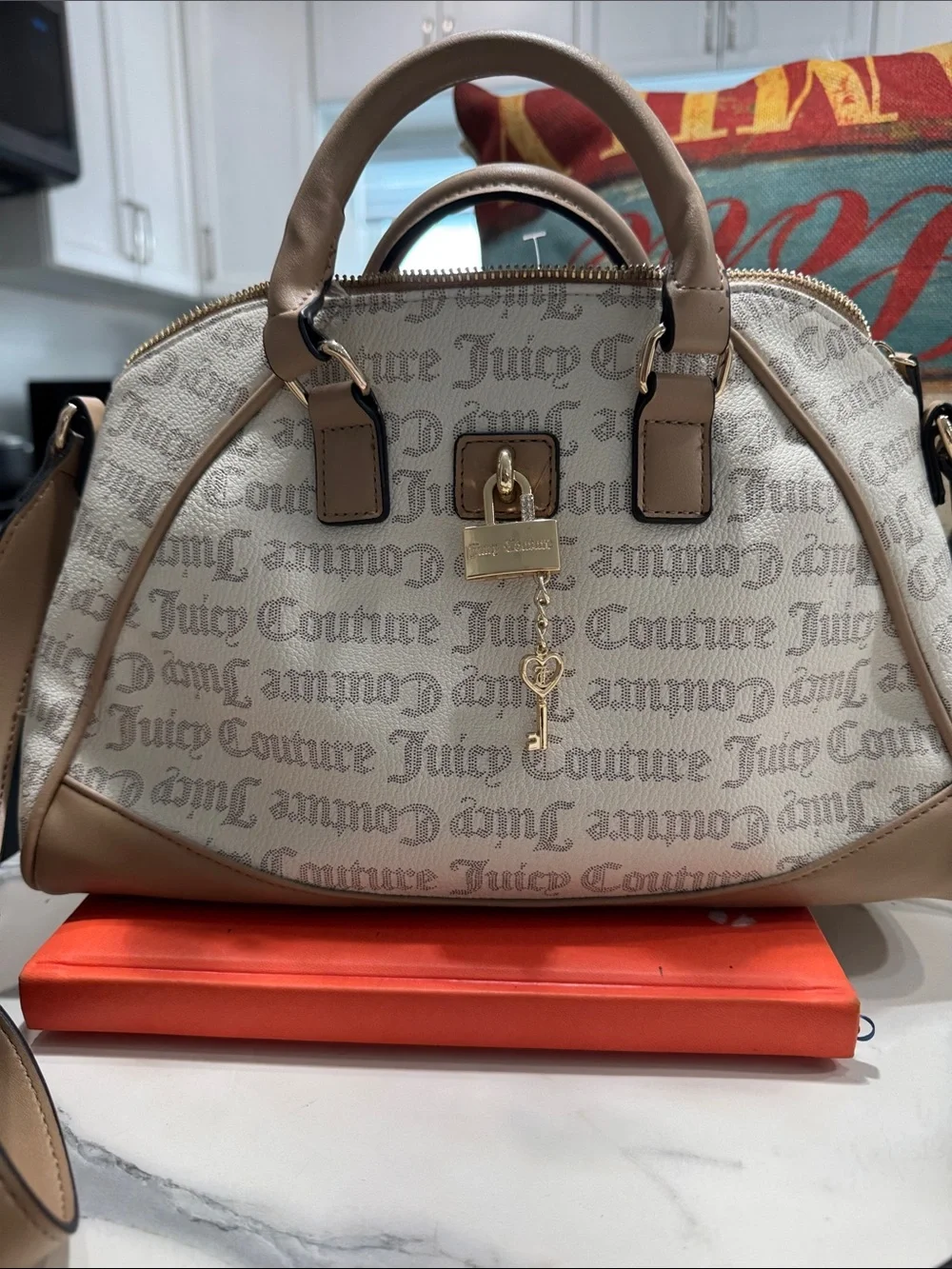 Juicy Couture Beige and Tan Logo Dome Satchel with Gold Charm
